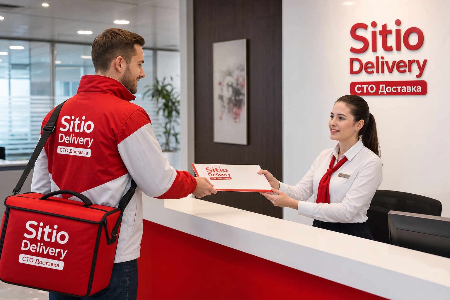 Курьер Sitio Delivery передает документы в офисе